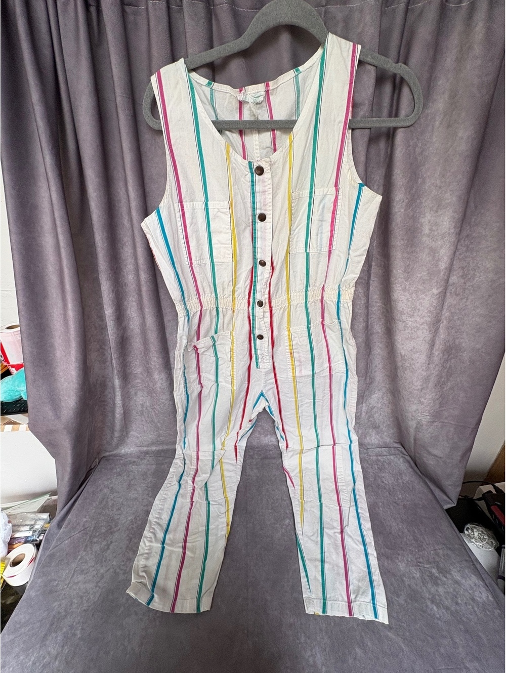 Vintage 80s Rainbow Stripe Jumpsuit Women’s 10/12 Sleeveless Utility